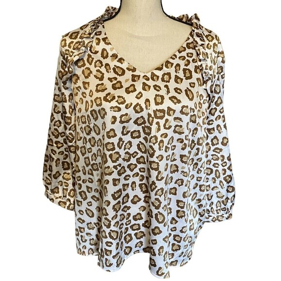 Charter Club Blouse Women's Size XXL Leopard 3/4 Sleeve V-Neck White-Tan - Picture 1 of 7